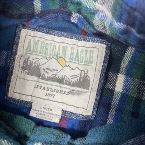 American Eagle Flannel Shirt Mens Small Plaid Pockets Blue Outdoors Casual - Picture 2 of 14